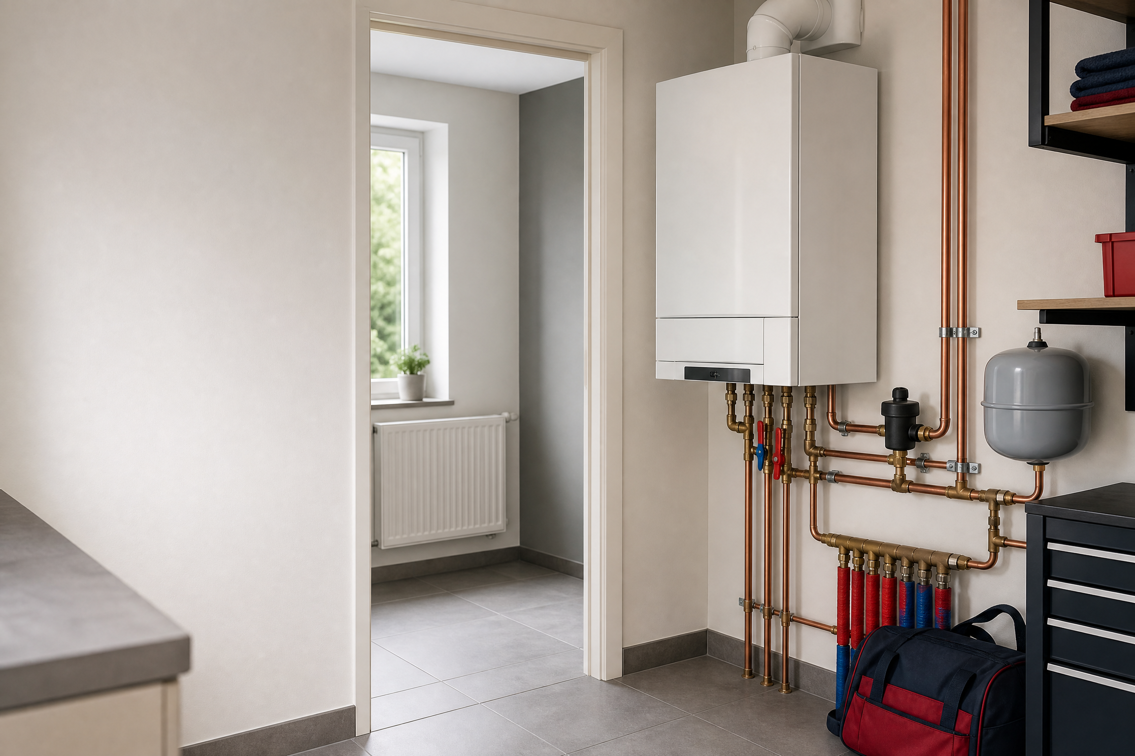 Moderne centrale verwarming in een nette technische ruimte
