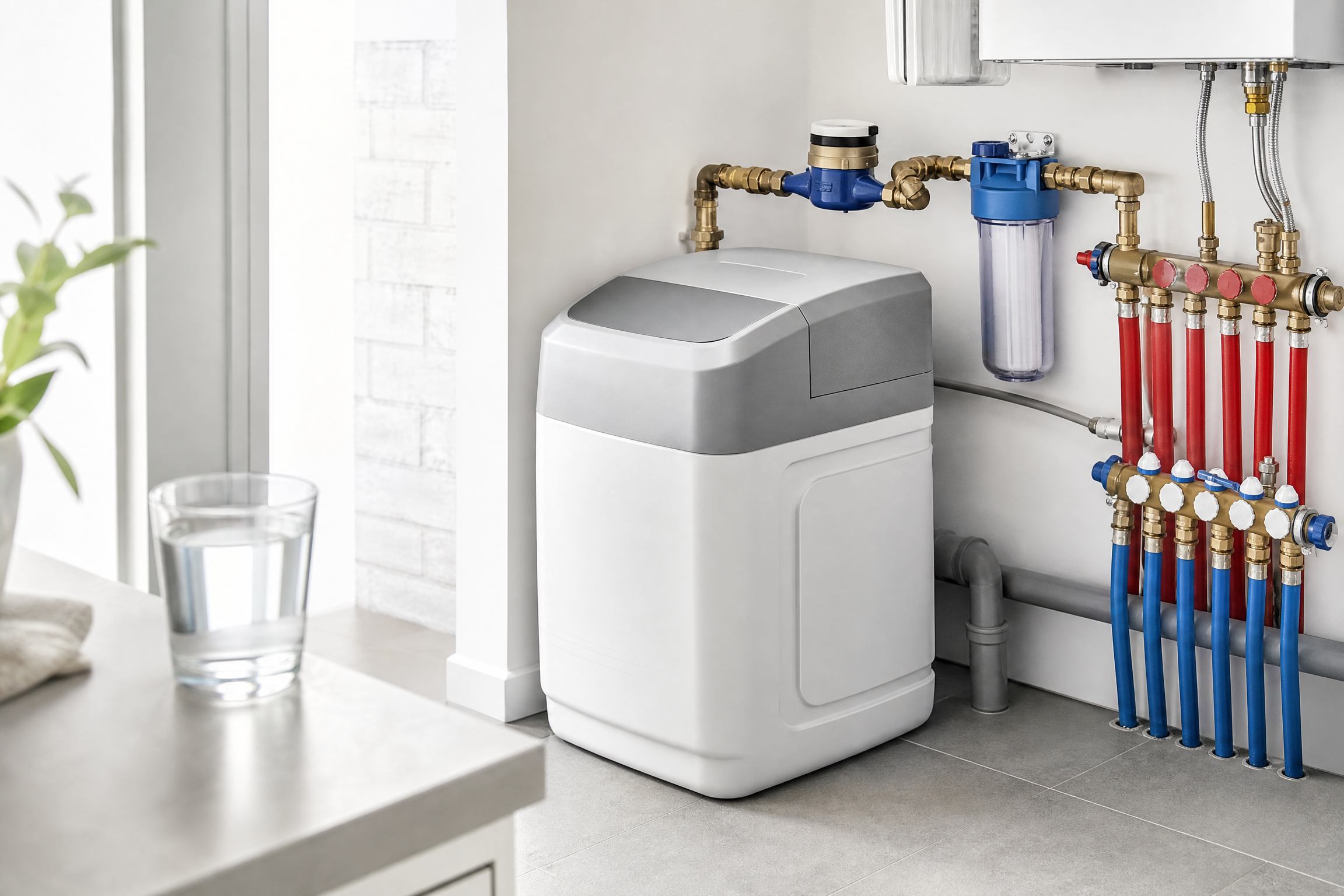 Moderne waterverzachter met nette leidingaansluitingen